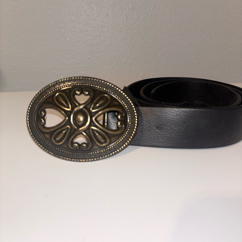 Vintage Boho Ornate Brass Oval Openwork Floral Buckle Black Leather Belt Medium